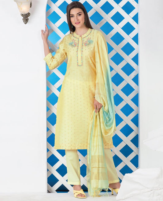 Yellow Chanderi readymade suit, 3/4th sleeve thread embroidery Chinese collar top, straight cut pants & striped dupatta