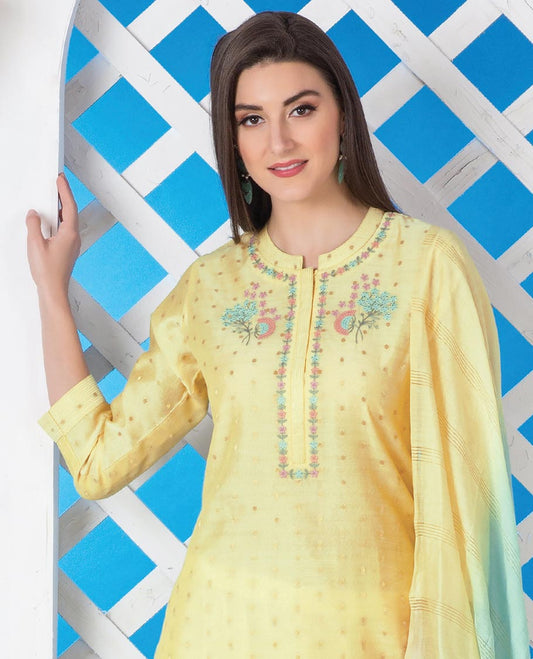 Yellow Chanderi readymade suit, 3/4th sleeve thread embroidery Chinese collar top, straight cut pants & striped dupatta