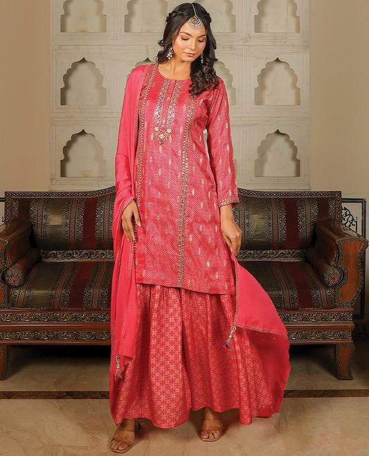 Pink Chanderi readymade suit,3/4th sleeve intricate embroidery & printed top & sharara pants & plain lace border dupatta