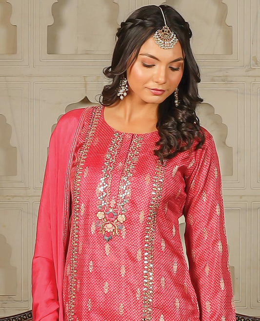 Pink Chanderi readymade suit,3/4th sleeve intricate embroidery & printed top & sharara pants & plain lace border dupatta