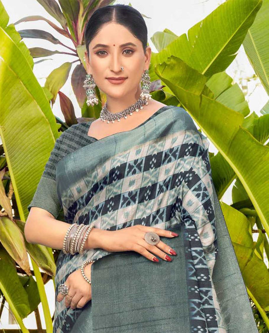 Multi Colour fancy tussar saree with ikkat-style intricate checked design on its body, contrast big border & plain pallu