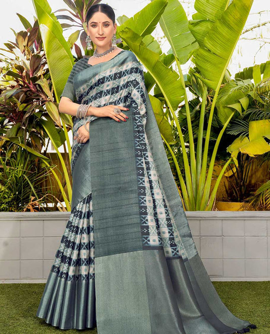Multi Colour fancy tussar saree with ikkat-style intricate checked design on its body, contrast big border & plain pallu
