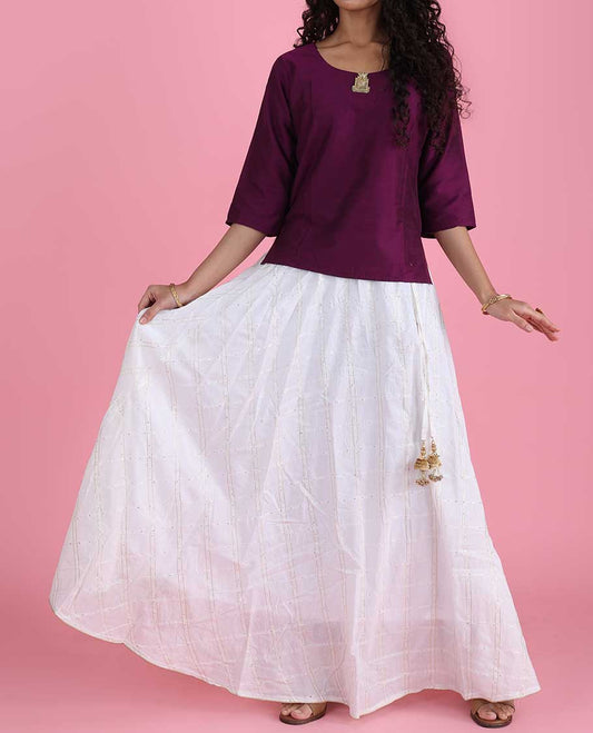 White sequin checked design georgette skirt with embellished gold latkan