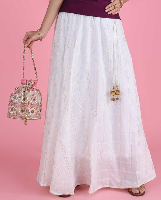 White sequin checked design georgette skirt with embellished gold latkan