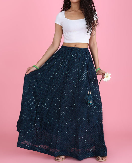 Deep teal intricate ogee pattern embroidered & sequin work georgette skirt with tassels 