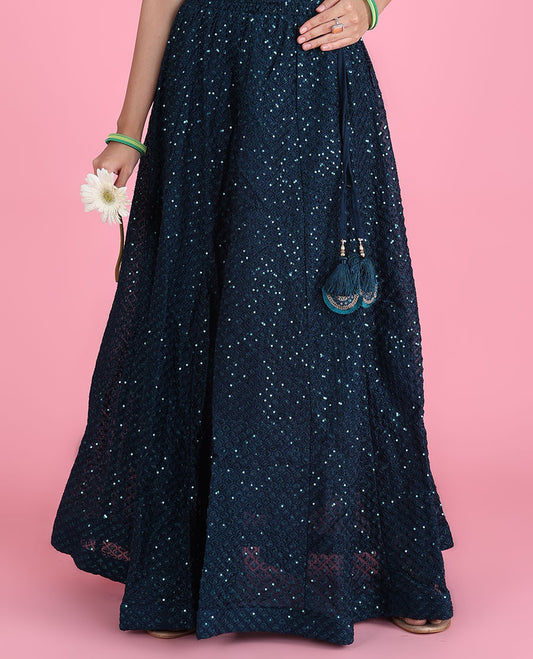 Deep teal intricate ogee pattern embroidered & sequin work georgette skirt with tassels 