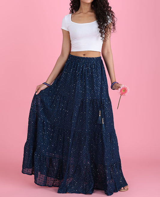 Blue checked design sequin embroidered layer type georgette skirt 