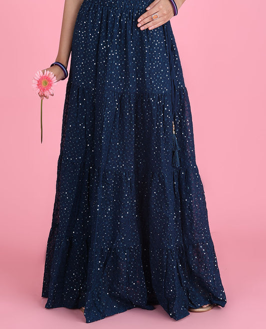 Blue checked design sequin embroidered layer type georgette skirt 