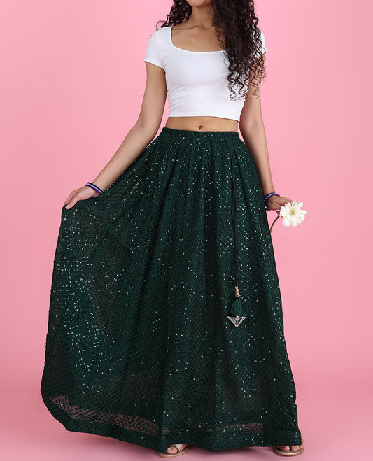 Emerald green intricate ogee pattern embroidered & sequin work georgette skirt with tassels 