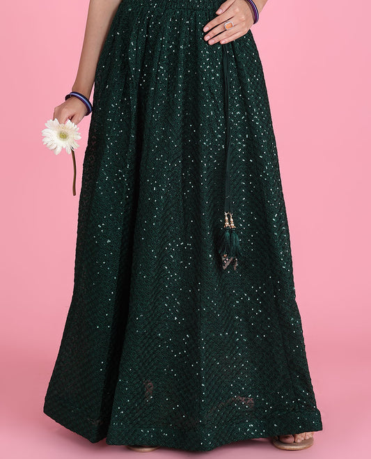 Emerald green intricate ogee pattern embroidered & sequin work georgette skirt with tassels 