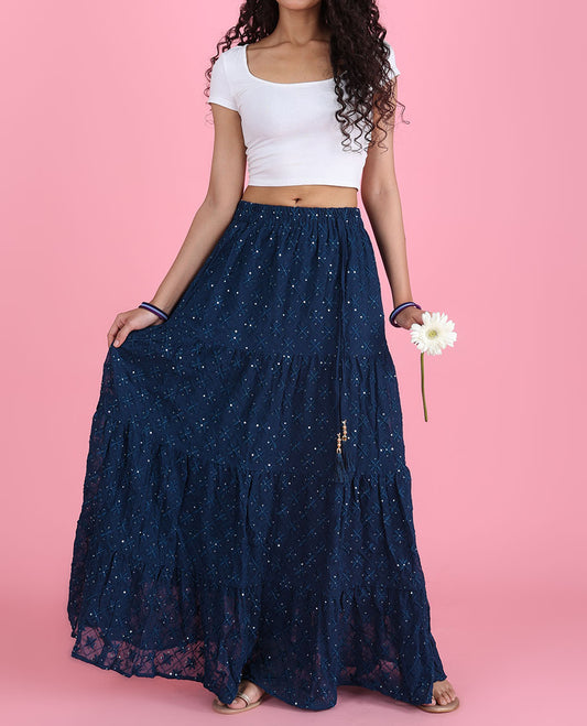 Dark blue argyle & floral design sequin embroidered layer type georgette skirt 