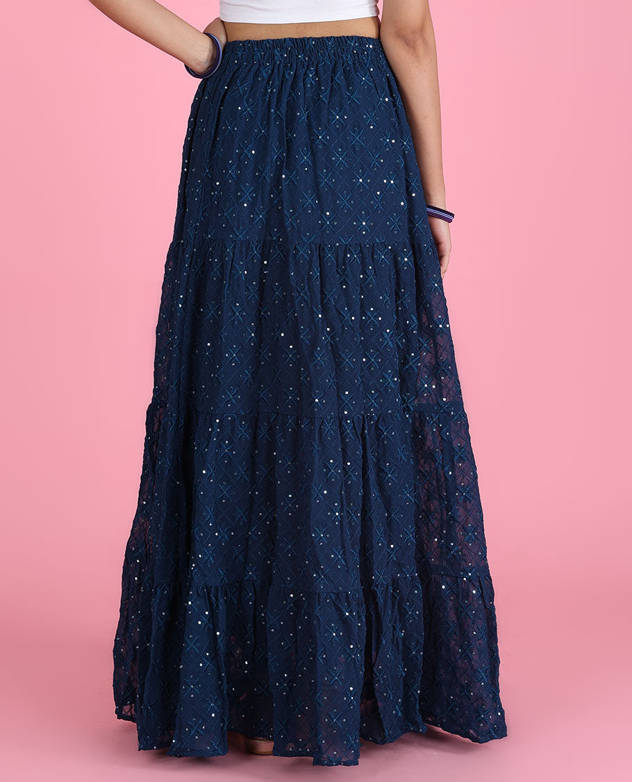 Dark blue argyle & floral design sequin embroidered layer type georgette skirt 