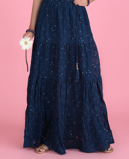 Dark blue argyle & floral design sequin embroidered layer type georgette skirt 