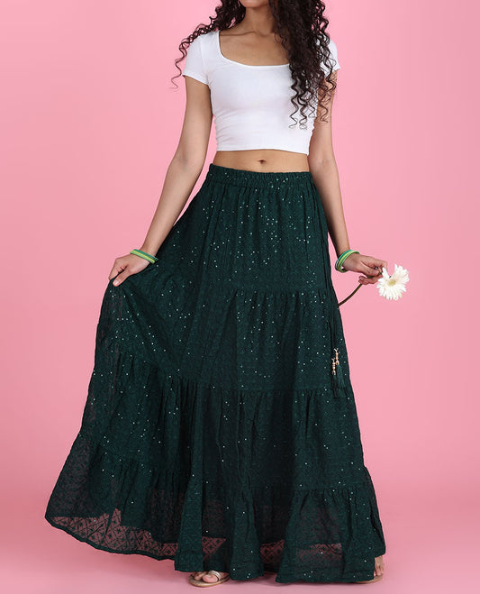 Deep green intricate argyle design sequin embroidered layer type georgette skirt with tassels 