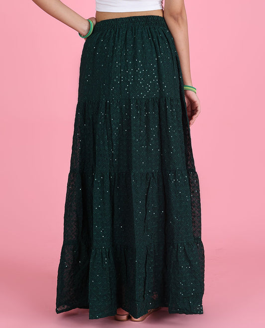 Deep green intricate argyle design sequin embroidered layer type georgette skirt with tassels 