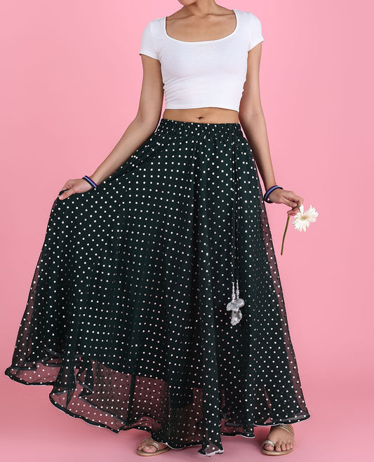 Deep forest green tiny polka dot foil printed georgette skirt with latkan tassels