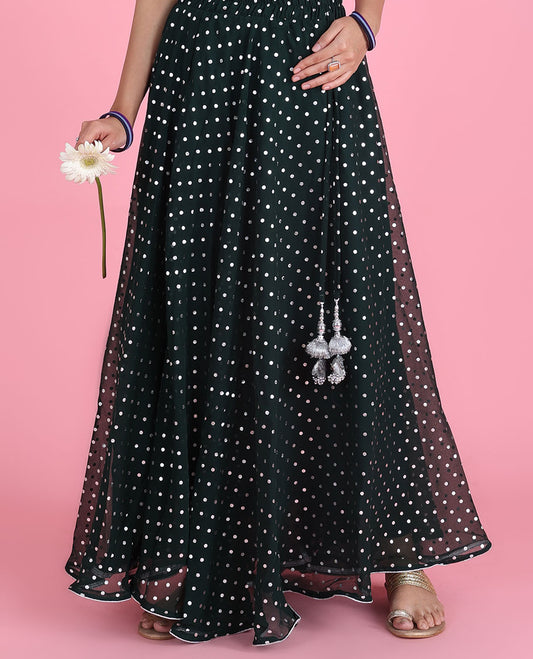 Deep forest green tiny polka dot foil printed georgette skirt with latkan tassels