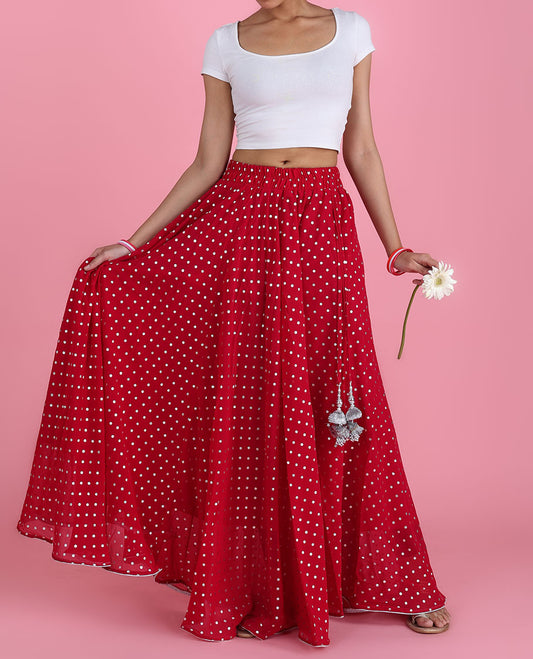 Pink tiny polka dot foil printed georgette skirt with latkan tassels