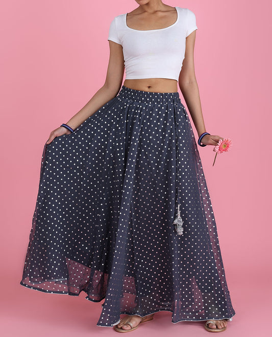Elephant grey georgette skirt features silver foil printed tiny polka dots & intricate latkan tassels