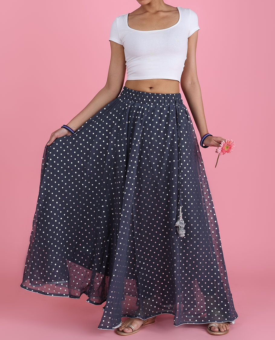 Elephant grey georgette skirt features silver foil printed tiny polka dots & intricate latkan tassels