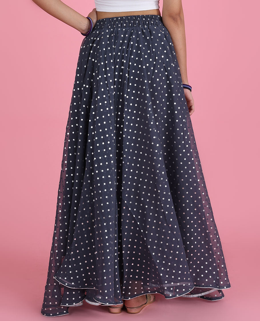 Elephant grey georgette skirt features silver foil printed tiny polka dots & intricate latkan tassels