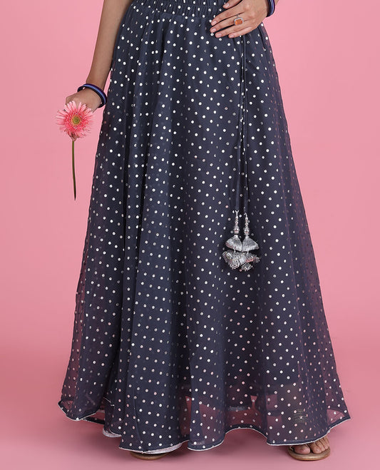 Elephant grey georgette skirt features silver foil printed tiny polka dots & intricate latkan tassels