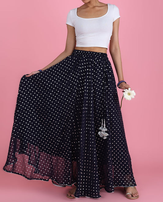 Deep blue georgette skirt features silver foil printed tiny polka dots & intricate latkan tassels