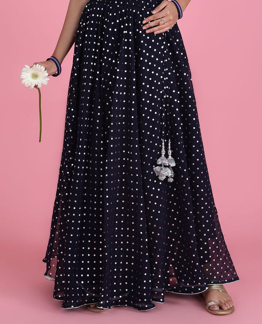 Deep blue georgette skirt features silver foil printed tiny polka dots & intricate latkan tassels