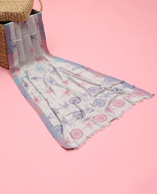Grey uniquely designed orlon dupatta features multi-colors circles & star motifs