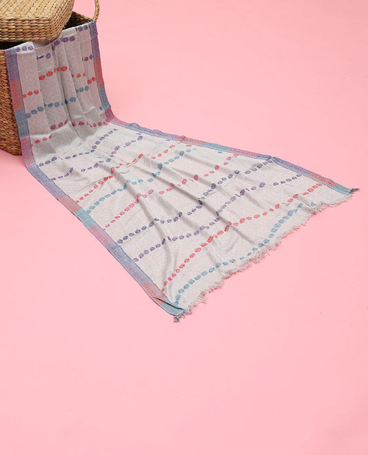 Pale green orlon dupatta features colorful uniquely designed motifs 