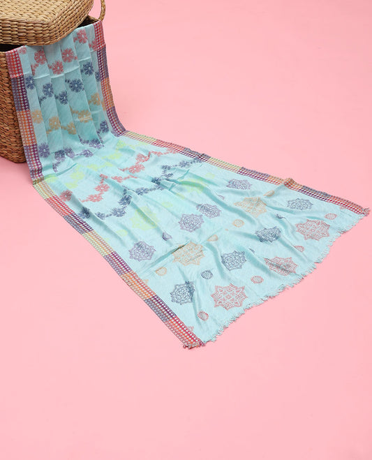 Baby blue orlon dupatta features colorful intricate designs 