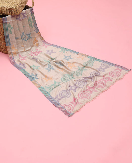 Cream uniquely designed orlon dupatta features multi-colors circles & star motifs