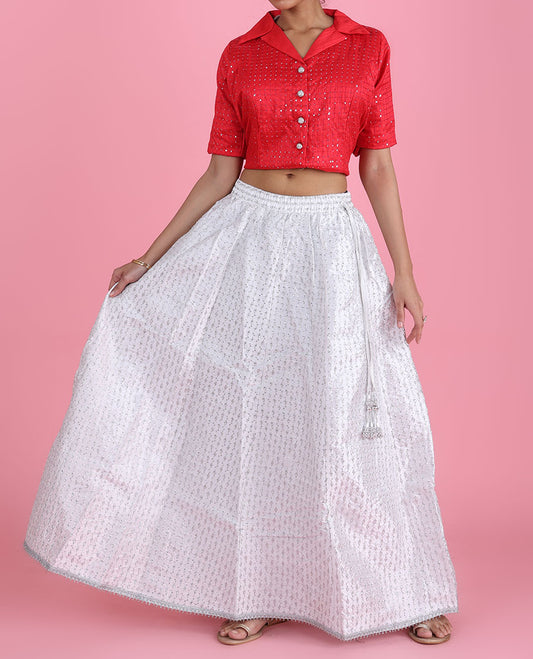 Pearl white intricate chamki embroidered silk cotton skirt with tassels 