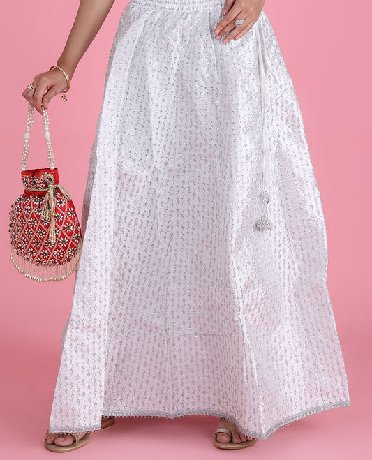 Pearl white intricate chamki embroidered silk cotton skirt with tassels 
