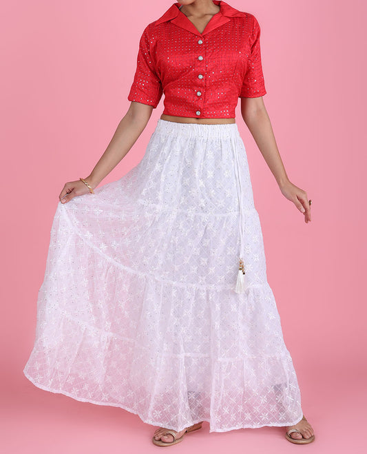White argyle design embroidered with sequin work georgette skirt with latkan tassels 