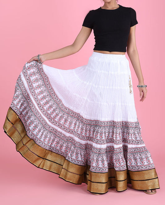 White intricately printed with embroidery border crushed cotton skirt 