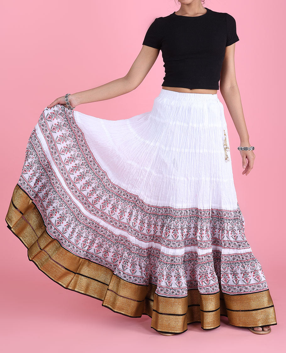 White intricately printed with embroidery border crushed cotton skirt 