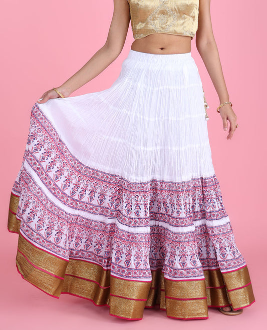 Bright white intricately printed crushed-style cotton skirt with embroidery border & latkan tassels 