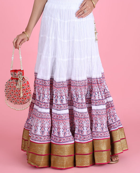 Bright white intricately printed crushed-style cotton skirt with embroidery border & latkan tassels 