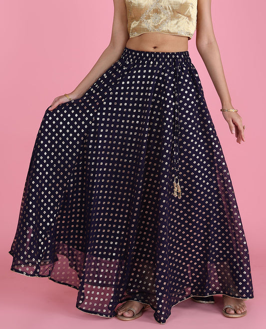 Deep berry blue unique motifs foil-printed georgette skirt with latkan tassels 