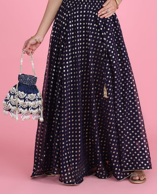 Deep berry blue unique motifs foil-printed georgette skirt with latkan tassels 
