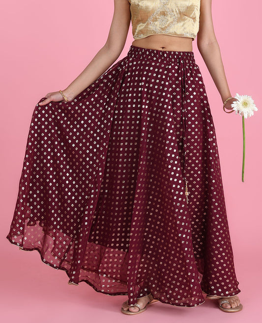 Burgundy colour unique motifs foil-printed georgette skirt with latkan tassels 
