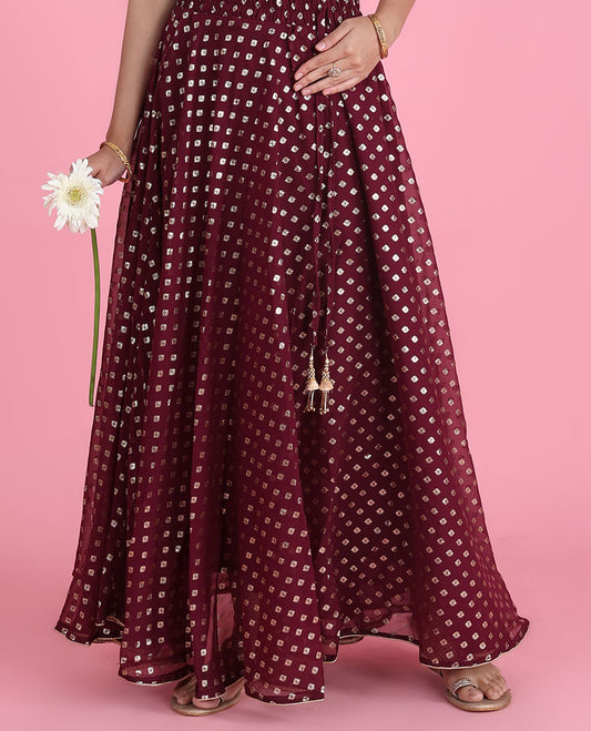 Burgundy colour unique motifs foil-printed georgette skirt with latkan tassels 