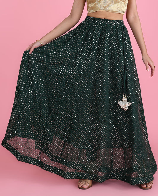 Dark green georgette skirt features chevron design sequin embroidery & latkan tassels 