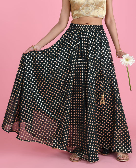 Deep green polka dots foil-printed georgette skirt
