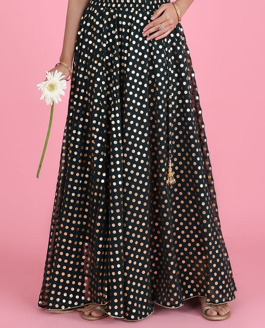 Deep green polka dots foil-printed georgette skirt