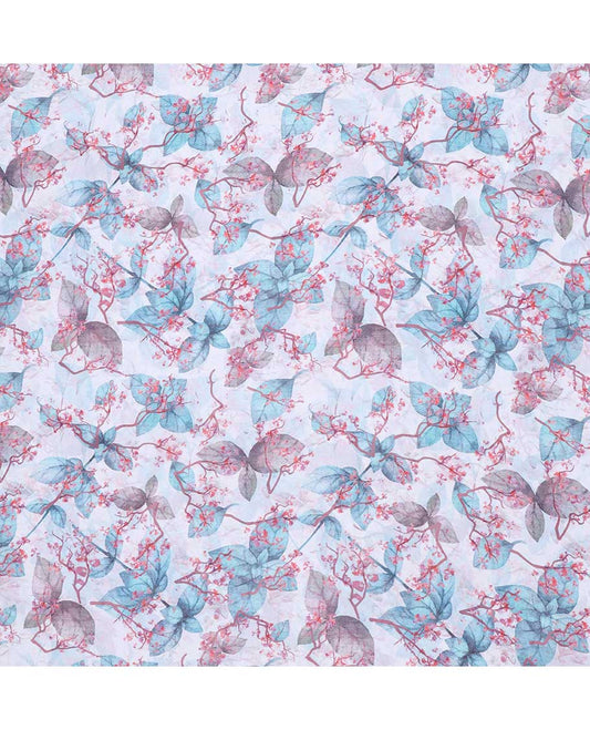 White digital printed georgette multi-use material features multi-color leaf & floral designs