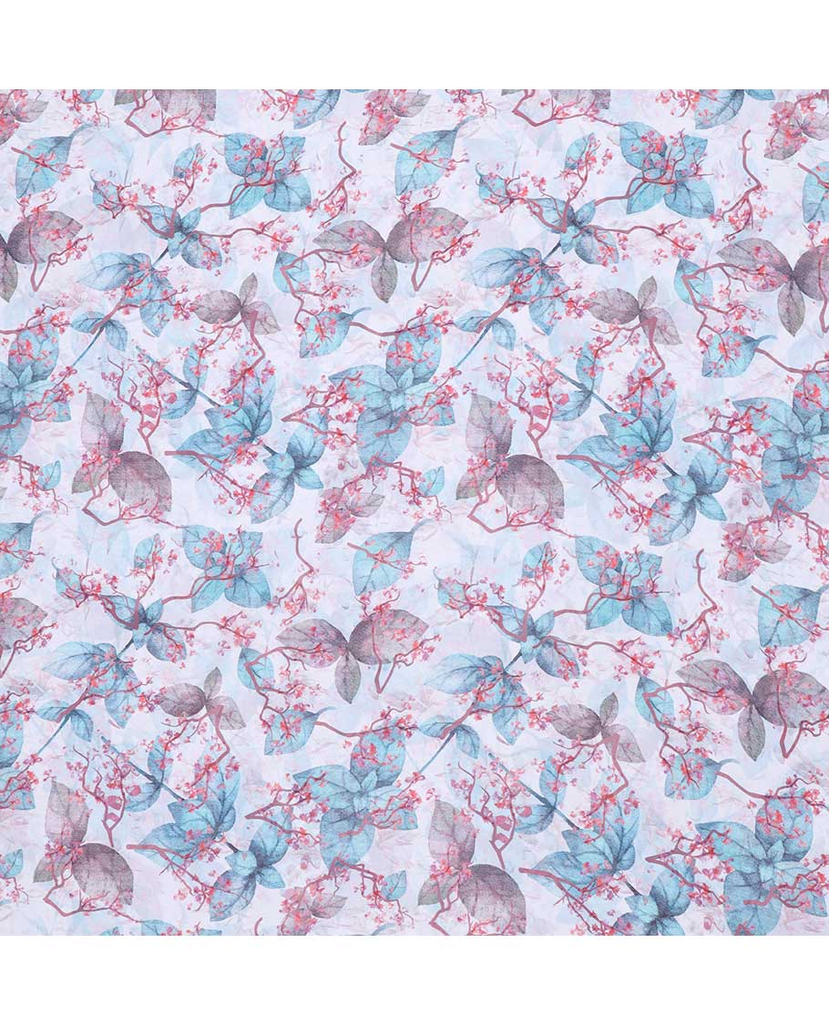 White digital printed georgette multi-use material features multi-color leaf & floral designs