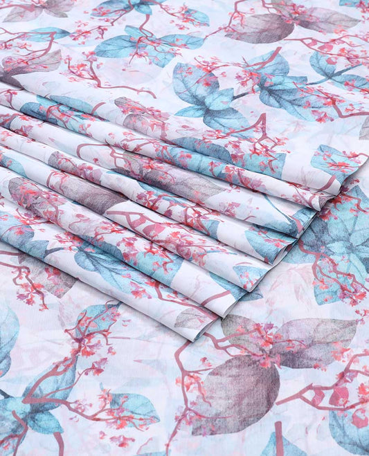 White digital printed georgette multi-use material features multi-color leaf & floral designs