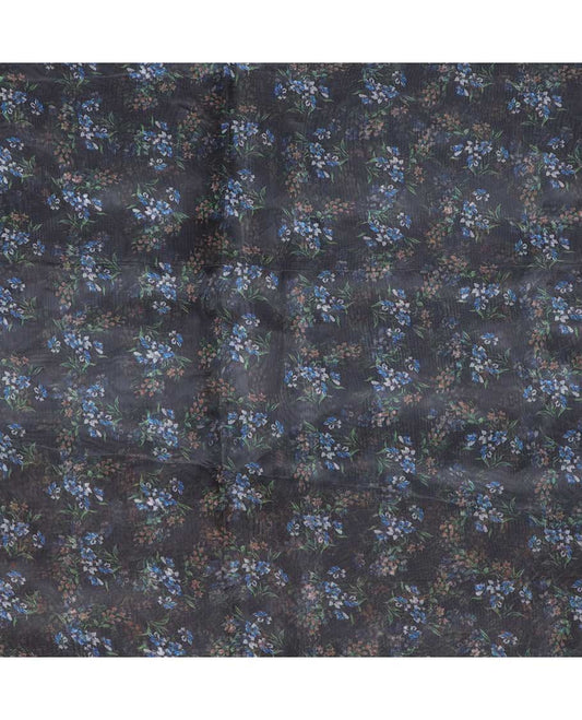 Blue digital printed  organza multi-use material features multi-colour floral motifs 